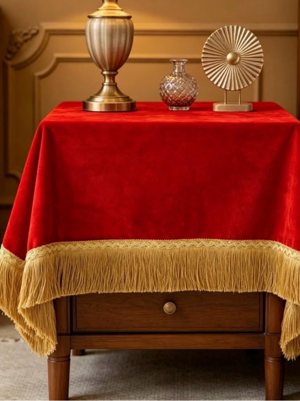 New in Package Classic Red Velvet Tablecloth with Gold Fringe